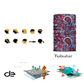 DeSocks colorful boho tubular bandanas shown with various wearing styles and fabric features